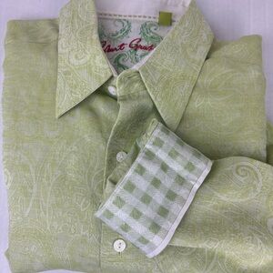 Robert Graham green dress shirt with gingham turn up cuffs -Men’s Large